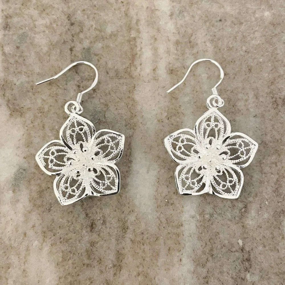 925 Sterling Silver Flower Drop Earrings Classy Flower Petal Drop Earrings